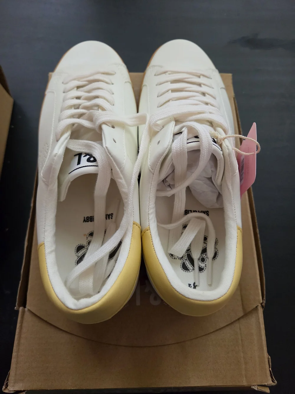 Sam & Libby Women's bright white  Leather Lace-Up Sneakers with Yellow Accent
